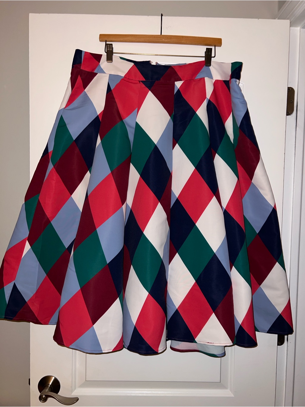 Multicolor Diamond-Pattern A-Line Skirt - Red, Navy & Green